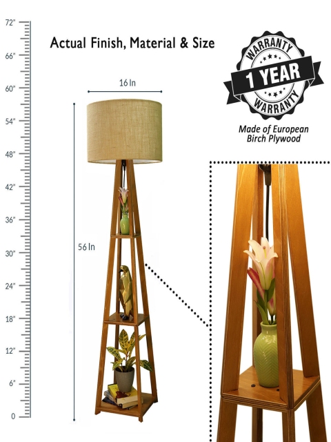 Crosscut Beige & Brown Wooden Cylinder Shaped Floor Lamp With Shelves - Image 4