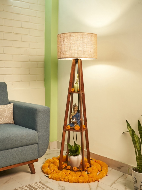 Crosscut Beige & Brown Wooden Cylinder Shaped Floor Lamp With Shelves - Image 3