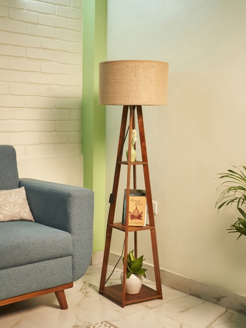 Crosscut Beige & Brown Wooden Cylinder Shaped Floor Lamp With Shelves - Image 2