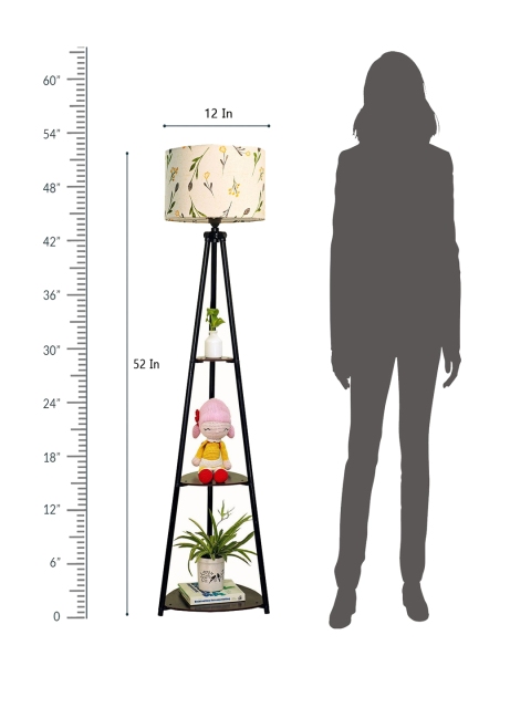 Crosscut White & Black Printed Metal Cylinder Shaped Floor Lamp With Shelves - Image 5