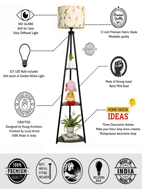 Crosscut White & Black Printed Metal Cylinder Shaped Floor Lamp With Shelves - Image 4