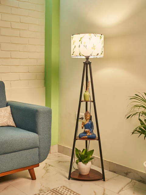 Crosscut White & Black Printed Metal Cylinder Shaped Floor Lamp With Shelves - Image 2