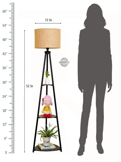Crosscut Beige & Black Metal Cylinder Shaped Floor Lamp With Shelves - Image 5