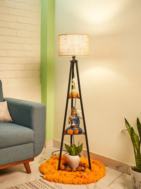 Crosscut Beige & Black Metal Cylinder Shaped Floor Lamp With Shelves - Image 3