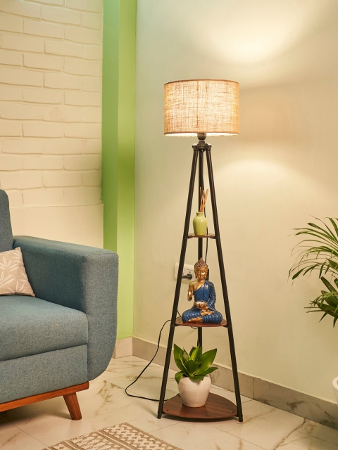 Crosscut Beige & Black Metal Cylinder Shaped Floor Lamp With Shelves - Image 2