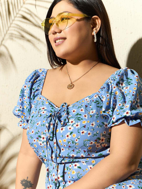Berrylush Curve Plus Size Blue Floral Printed Gathered Detailed A-Line Midi Dress - Image 2
