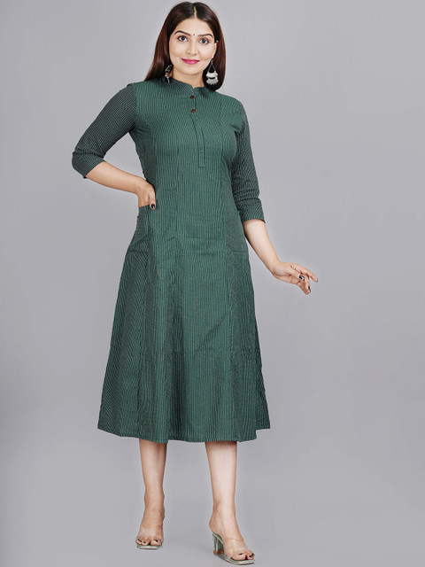 BAESD Striped Mandarin Collar Cotton A-Line Midi Dress - Image 5