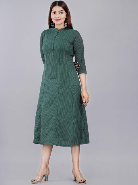 BAESD Striped Mandarin Collar Cotton A-Line Midi Dress - Image 3