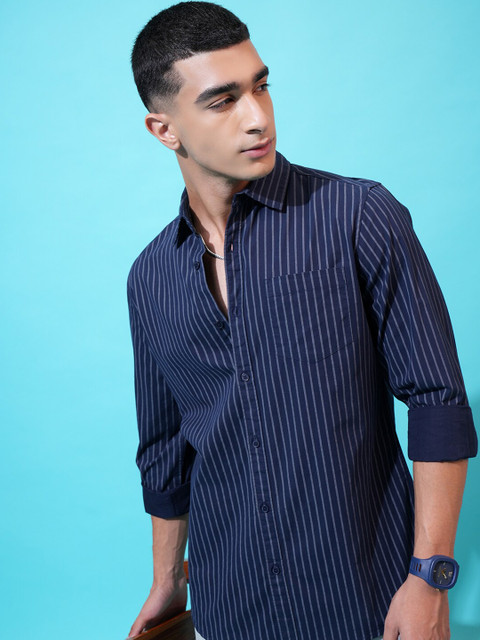 HIGHLANDER Men Vertical Stripes Cutaway Collar Chest Pocket Casual Shirt