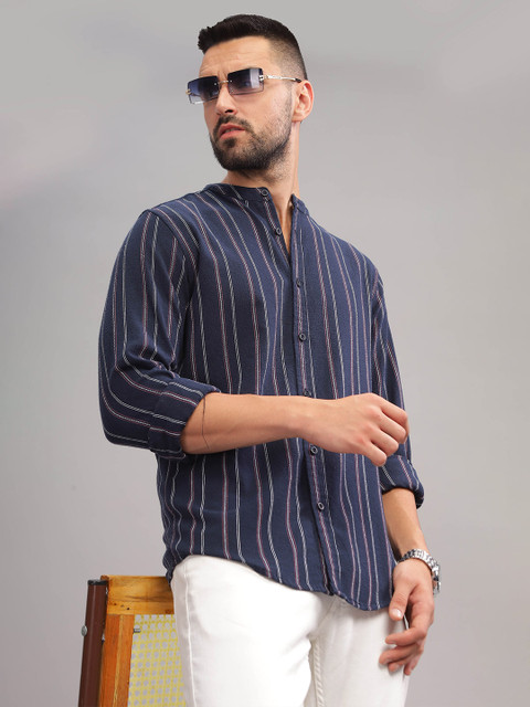 HERE&NOW Vertical Striped Slim Fit Cotton Opaque Casual Shirt
