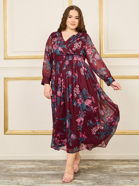 Styli Plus Size Floral Printed Puff Sleeves Empire Midi Dress