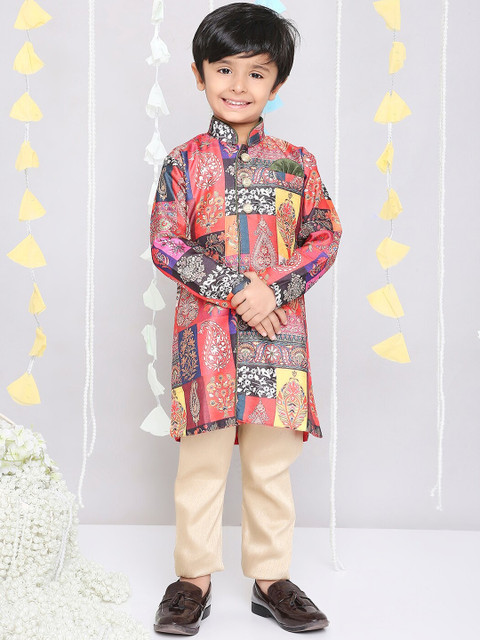 KID1 Boys Printed Mandarin Collar Pure Silk Sherwani Set