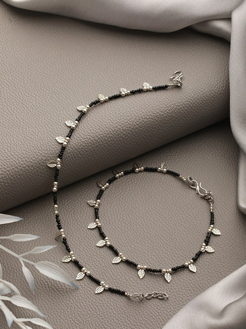 Jazz and Sizzle Set Of 2 Silver-Plated Beaded Leaf Anklets