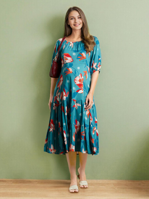 MomToBe Floral Print Maternity A-Line Midi Dress
