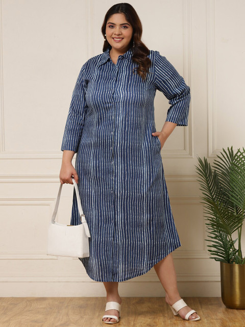 Vibes by Deebaco Striped Shirt Collar Three-Quarter Sleeves A-Line Midi Casual Plus Size Dress
