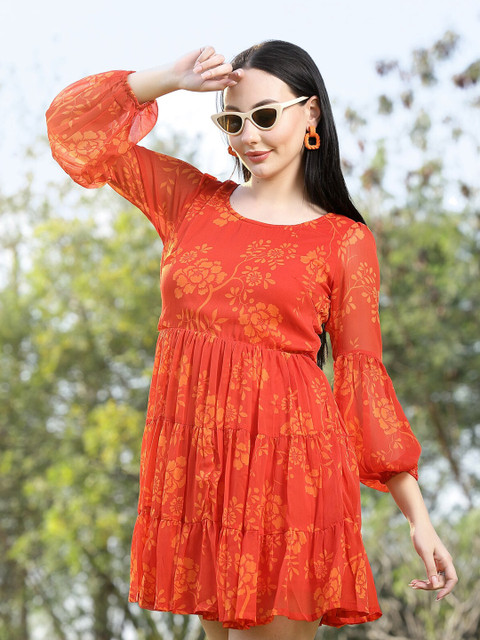 plusS Round Neck Print Fit & Flare Dress