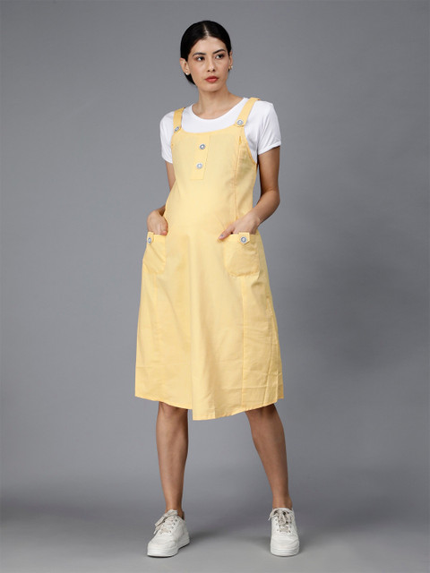 NIGHTSPREE Shoulder Straps Cotton Maternity Pinafore Dress With T-shirt