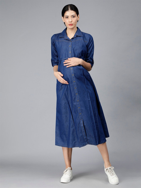 NIGHTSPREE Denim Maternity Shirt Midi Cotton Dress