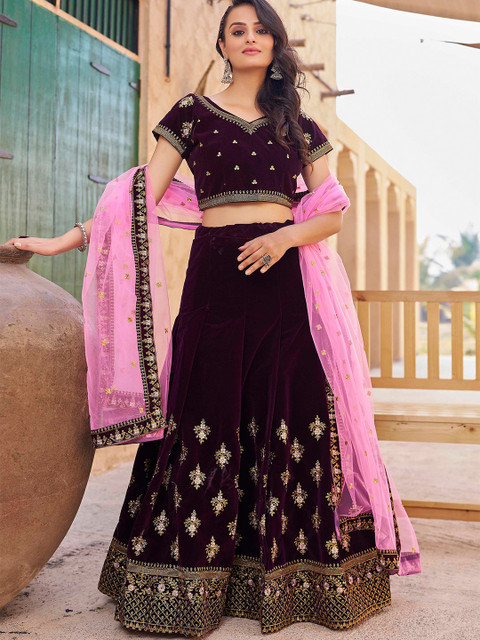 Kedar Fab Embroidered Velvet Semi-Stitched Lehenga & Unstitched Blouse With Dupatta