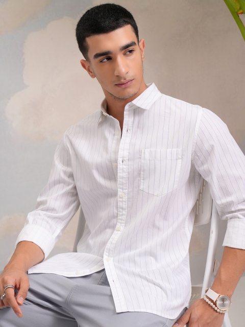 HIGHLANDER Classic White Slim Fit Vertical Striped Spread Collar Cotton Casual Shirt