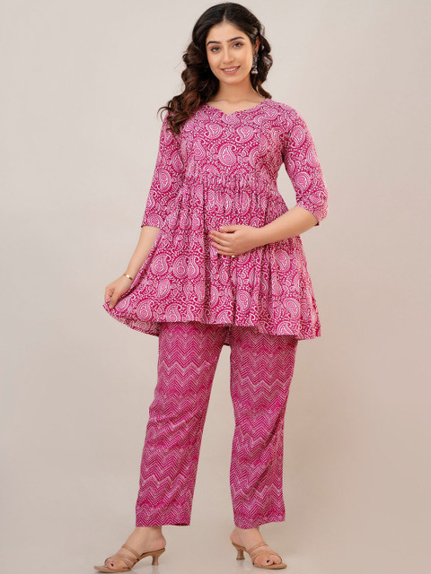 CELEBRAVO Paisley Printed Round Neck Flared A-Line Maternity Kurti With Trouser