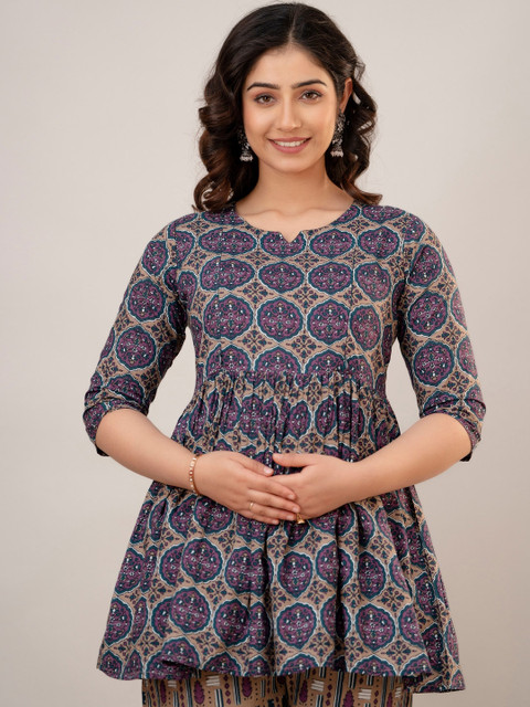 CELEBRAVO Floral Printed Round Neck Flared A-Line Pure Cotton Maternity Kurti With Trouser - Image 2