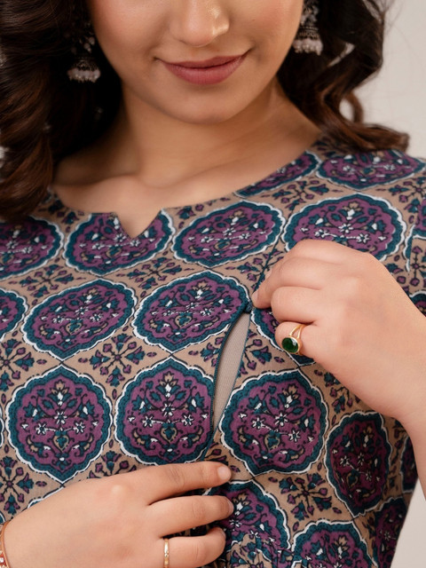 CELEBRAVO Floral Printed Round Neck Flared A-Line Pure Cotton Maternity Kurti With Trouser - Image 6