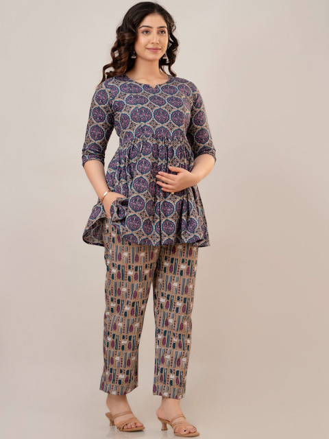 CELEBRAVO Floral Printed Round Neck Flared A-Line Pure Cotton Maternity Kurti With Trouser - Image 3