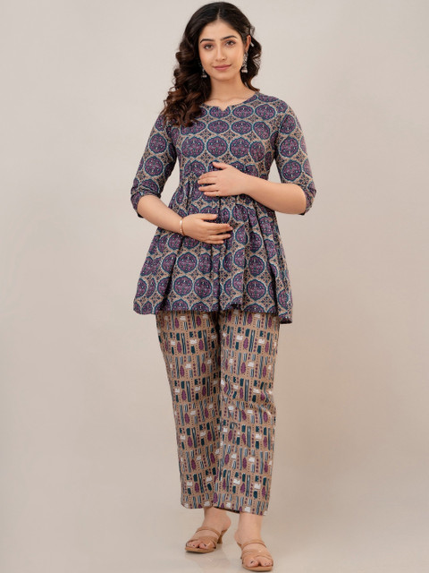 CELEBRAVO Floral Printed Round Neck Flared A-Line Pure Cotton Maternity Kurti With Trouser
