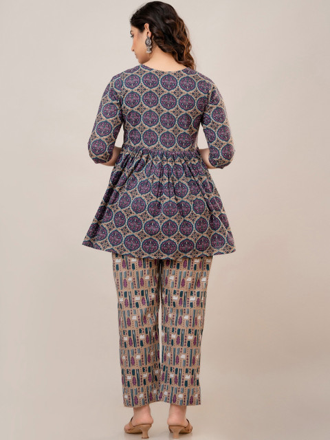 CELEBRAVO Floral Printed Round Neck Flared A-Line Pure Cotton Maternity Kurti With Trouser - Image 4