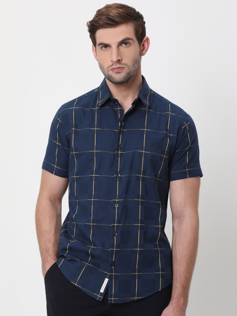 Mufti Slim Fit Windowpane Checks Spread Collar Cotton Casual Shirt