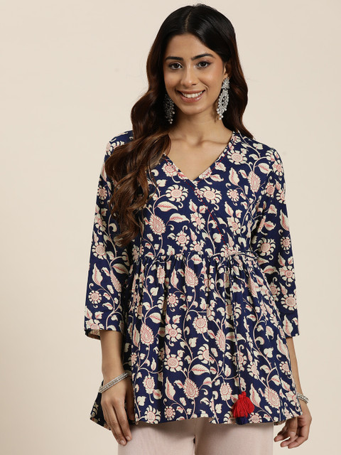 HERE&NOW Floral Printed Kantha Work Pure Cotton Kantha Work Angrakha Short Kurti