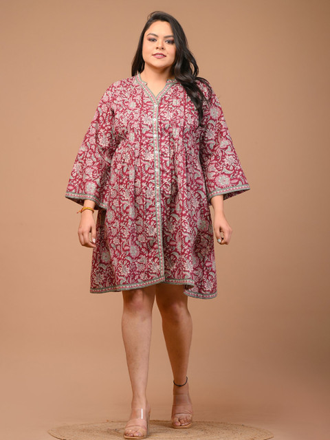 KALINI Plus Size Floral Printed Cotton A-Line Dress - Image 7
