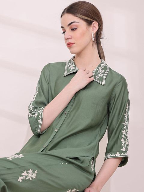 Anouk Green Floral Embroidered Shirt With Trousers