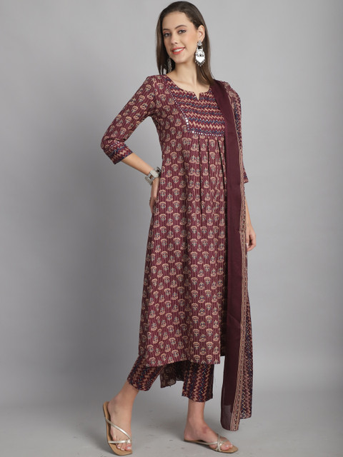 KALINI Notched Neck Mirror Work Floral Printed A Line Kurti with Trouser & Dupatta - Image 5