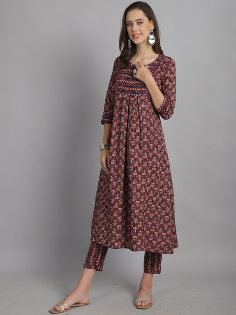 KALINI Notched Neck Mirror Work Floral Printed A Line Kurti with Trouser & Dupatta - Image 7
