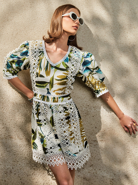 iki chic White Tropical Printed V-Neck Pure Linen Playsuit With Lace Detailing