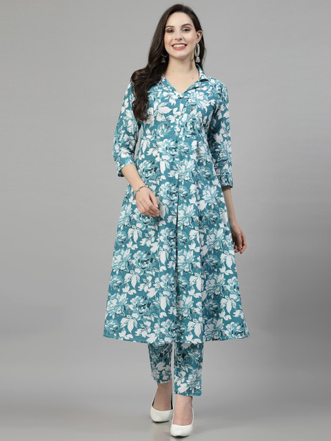 SkyaSia Floral Printed Regular Pure Cotton Kurta with Trousers