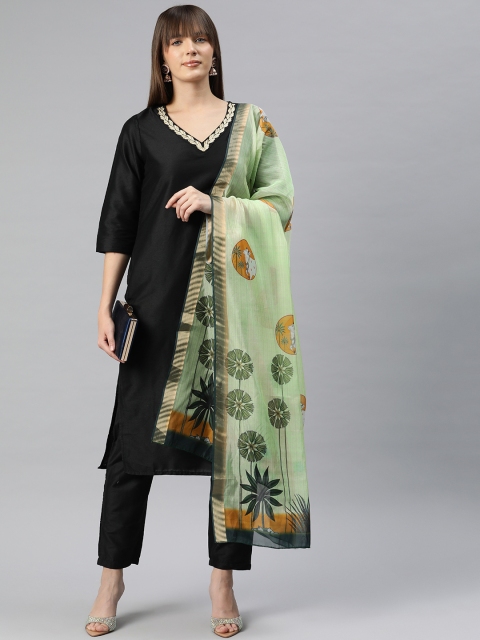 Silk Land Printed Kalamkari Dupatta with Zari