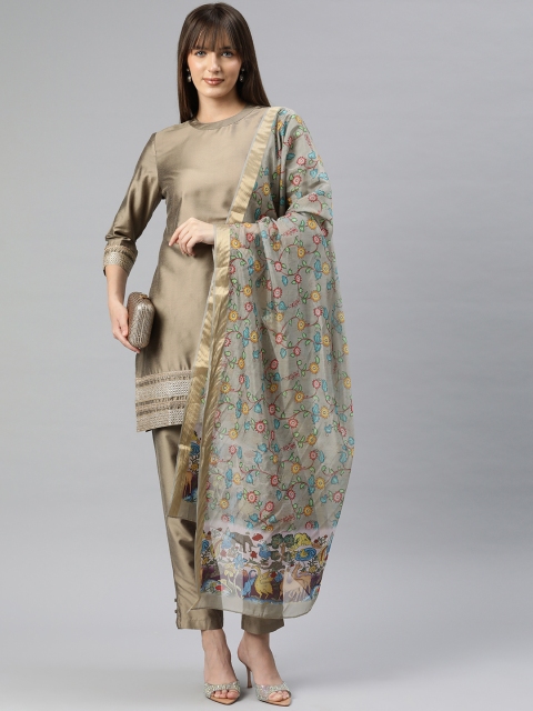 Silk Land Printed Kalamkari Dupatta with Zari