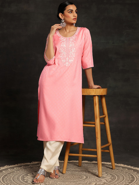 Libas Floral Embroidered Round Neck Dobby Straight Kurta - Image 6
