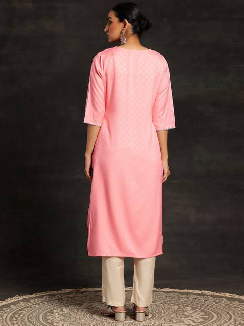 Libas Floral Embroidered Round Neck Dobby Straight Kurta - Image 5