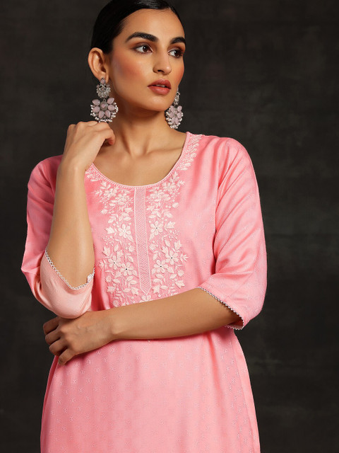 Libas Floral Embroidered Round Neck Dobby Straight Kurta - Image 2