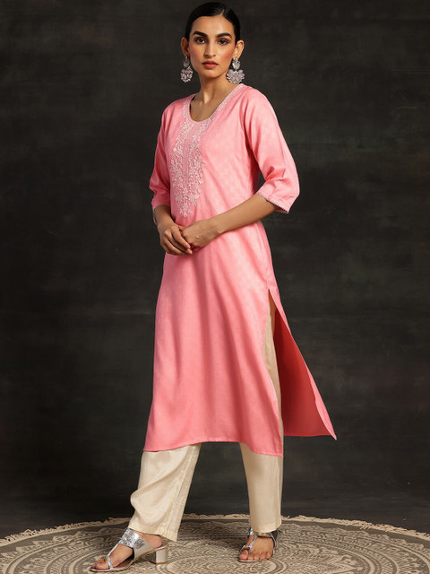 Libas Floral Embroidered Round Neck Dobby Straight Kurta - Image 4