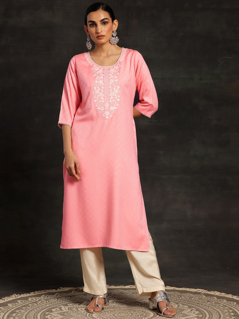 Libas Floral Embroidered Round Neck Dobby Straight Kurta - Image 3