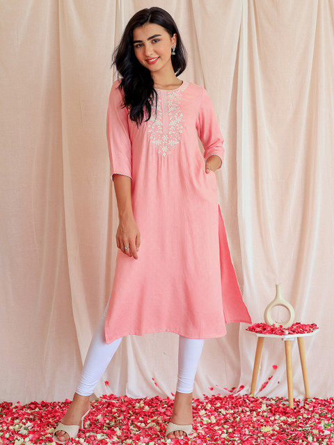 Libas Floral Embroidered Round Neck Dobby Straight Kurta