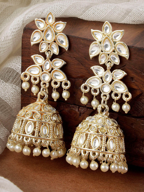 KARATCART Gold-Plated Kundan Studded & Beads Beaded Contemporary Jhumkas