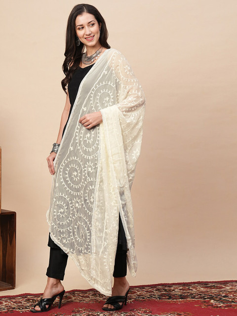 Globus Women White Cotton Silk Ethnic Motifs Embroidered Fringed Lace Dupatta - Image 3