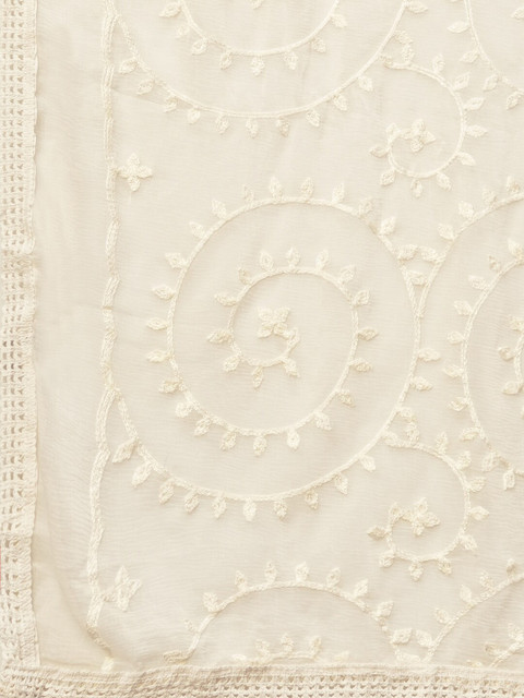 Globus Women White Cotton Silk Ethnic Motifs Embroidered Fringed Lace Dupatta - Image 5