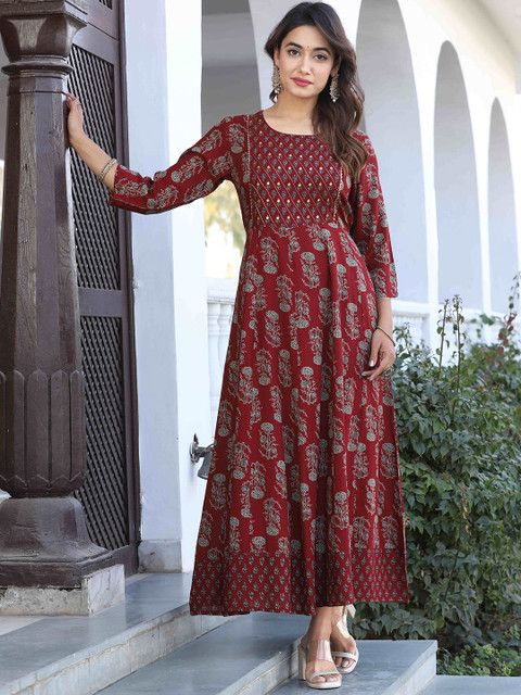 KALINI Ethnic Motifs Printed Three-Quarter Sleeves Gotta Patti Anarkali Kurta